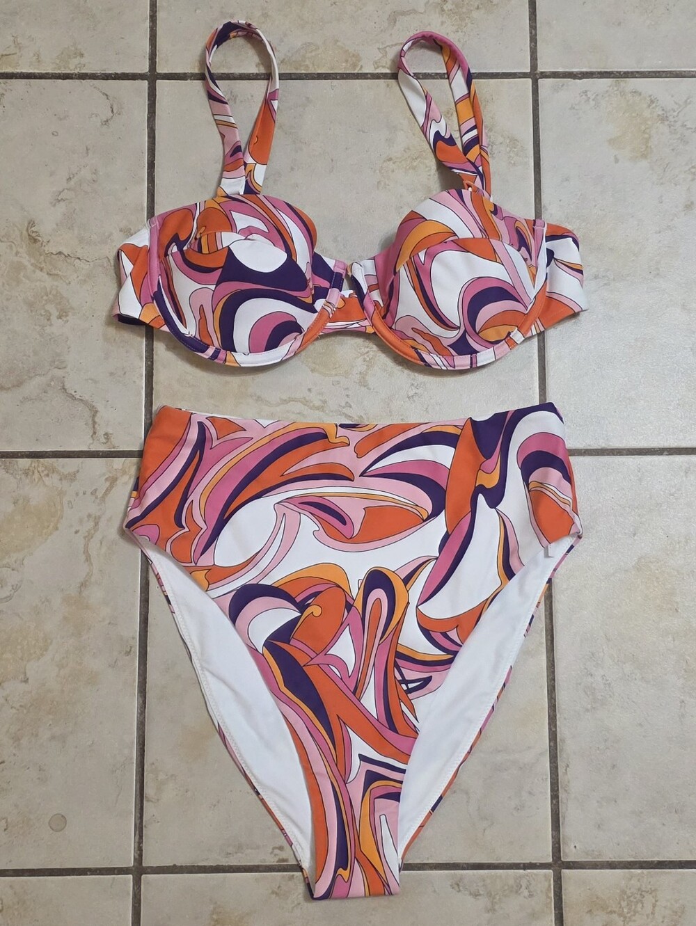 Express Swirl Print High-Waist Bikini - Pink, Orange & Purple